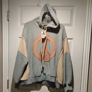 Peace Sign Knit Hoodie in Blue and Beige